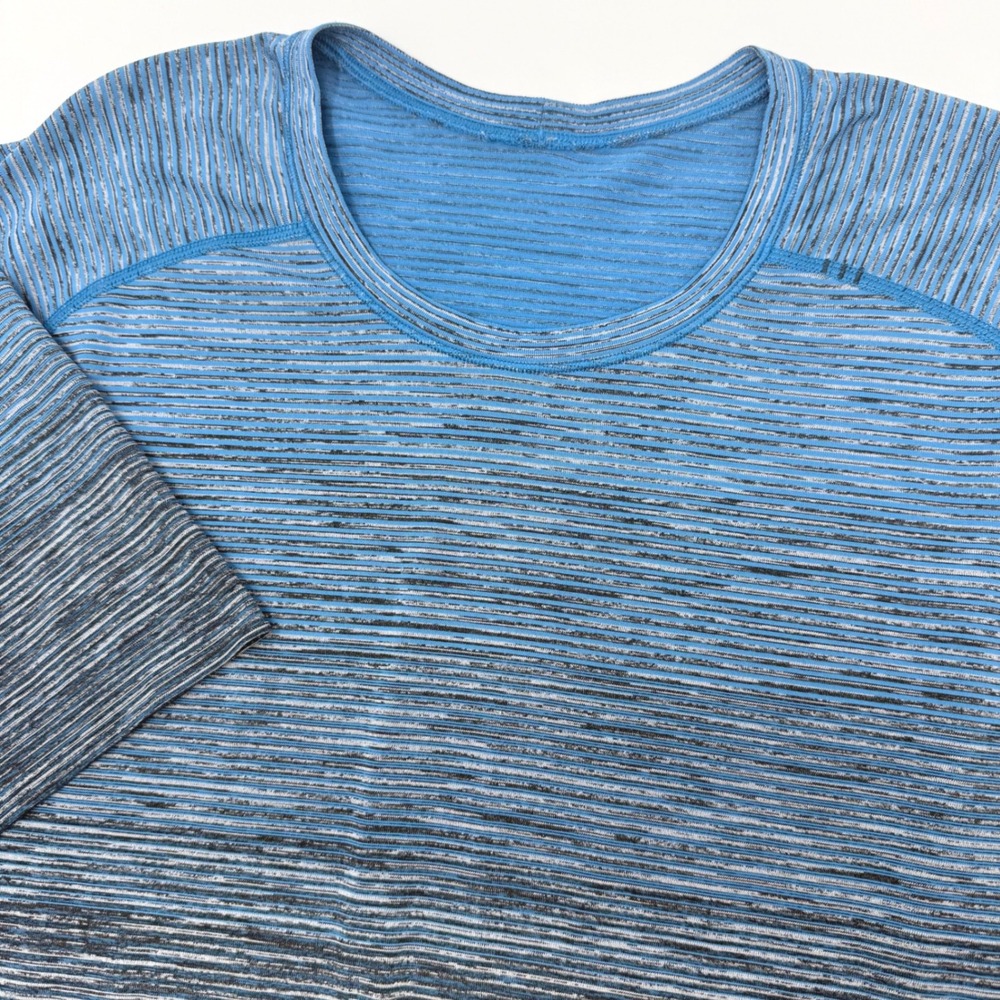 Lululemon Metal Vent Tech‎ Short Sleeve Blue Ombre Striped Shirt Mens XL
